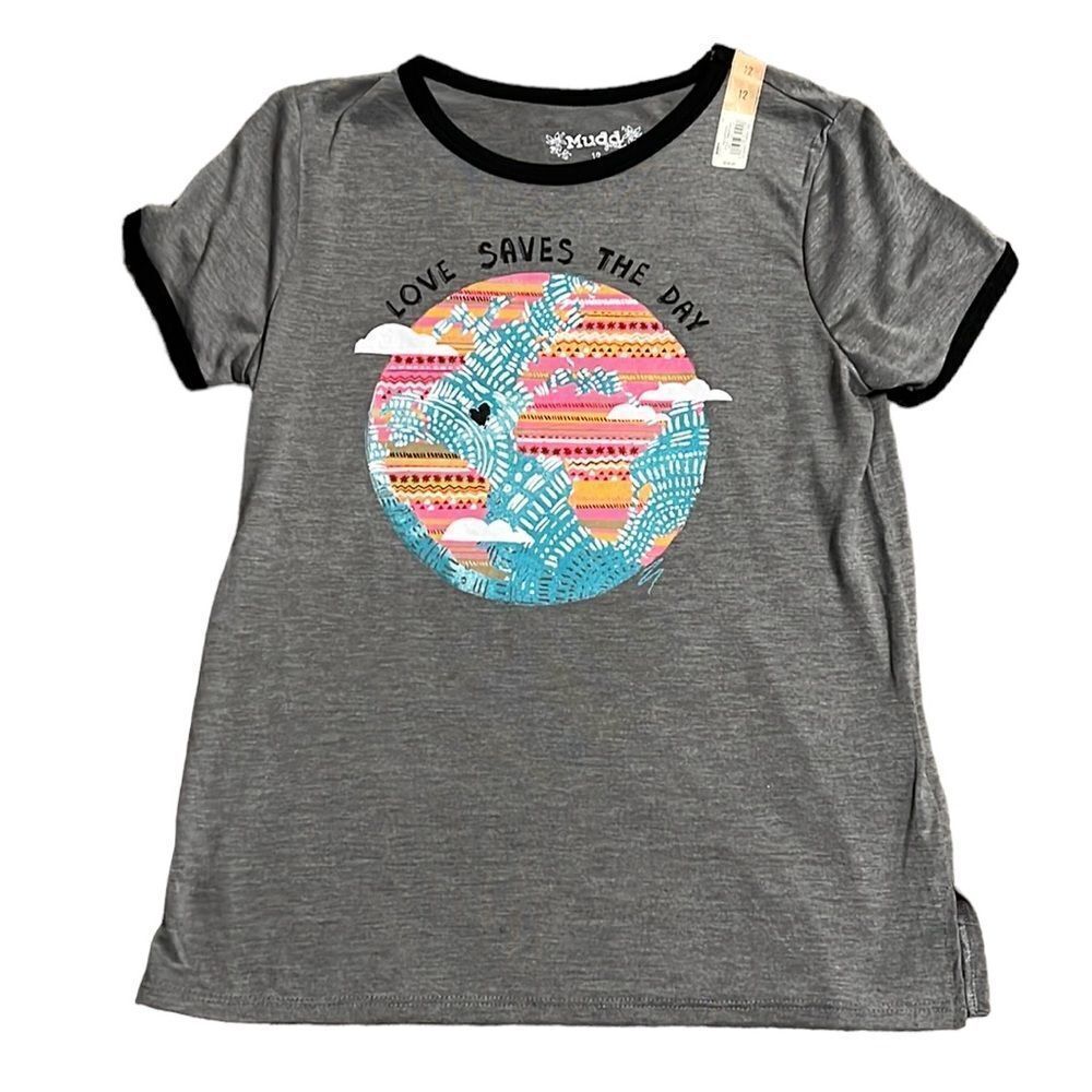 Graphic Earth Ringer Tee Gray Short Sleeve Girls Size 12 Mudd NWT